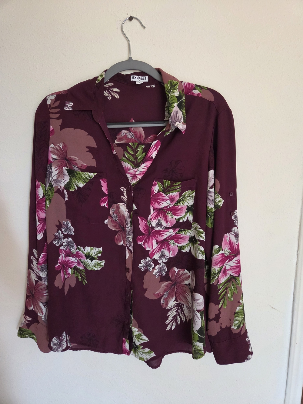 Express Plum Floral Button-Up Blouse
